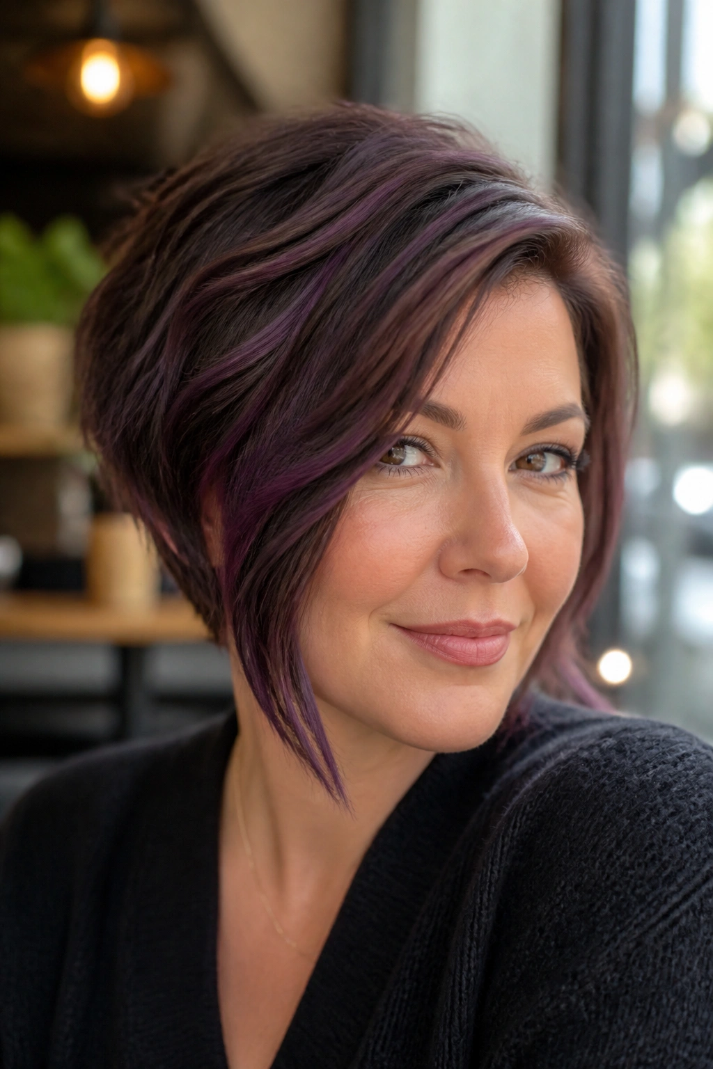 Close-up of a real woman with blackberry strands in a pixie-bob