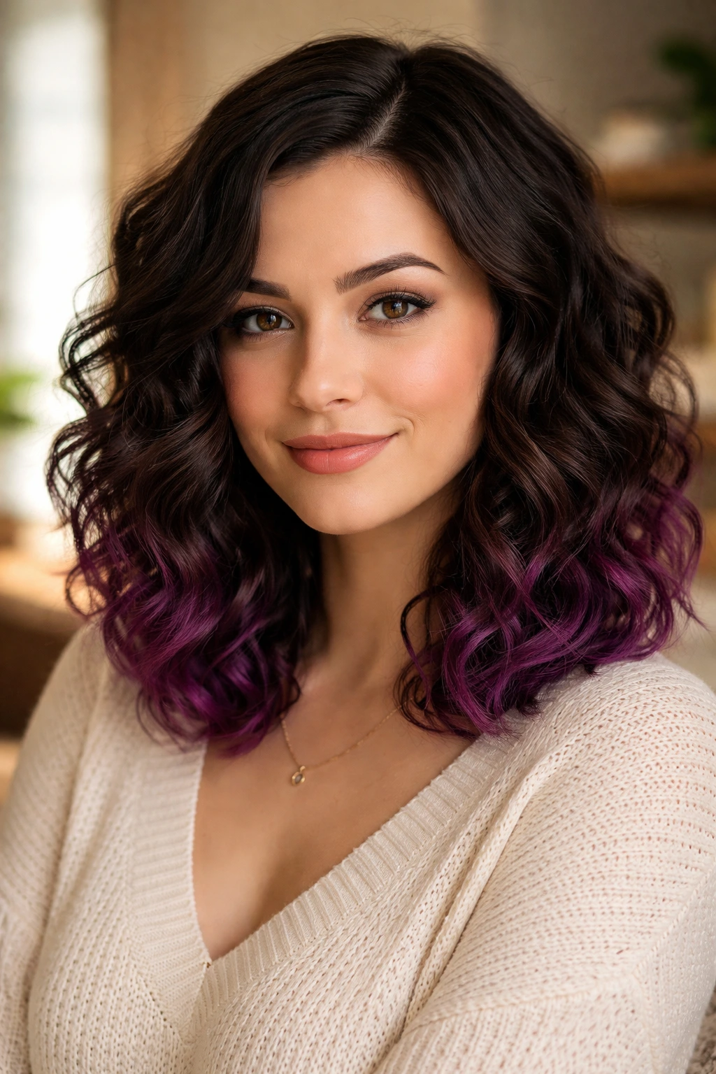 Close-up portrait of a woman with blackberry tips on a curly lob