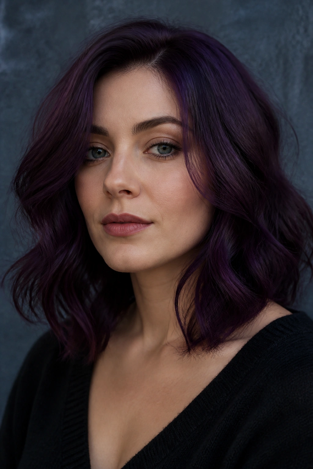 Portrait of a person with deep blackberry violet hair