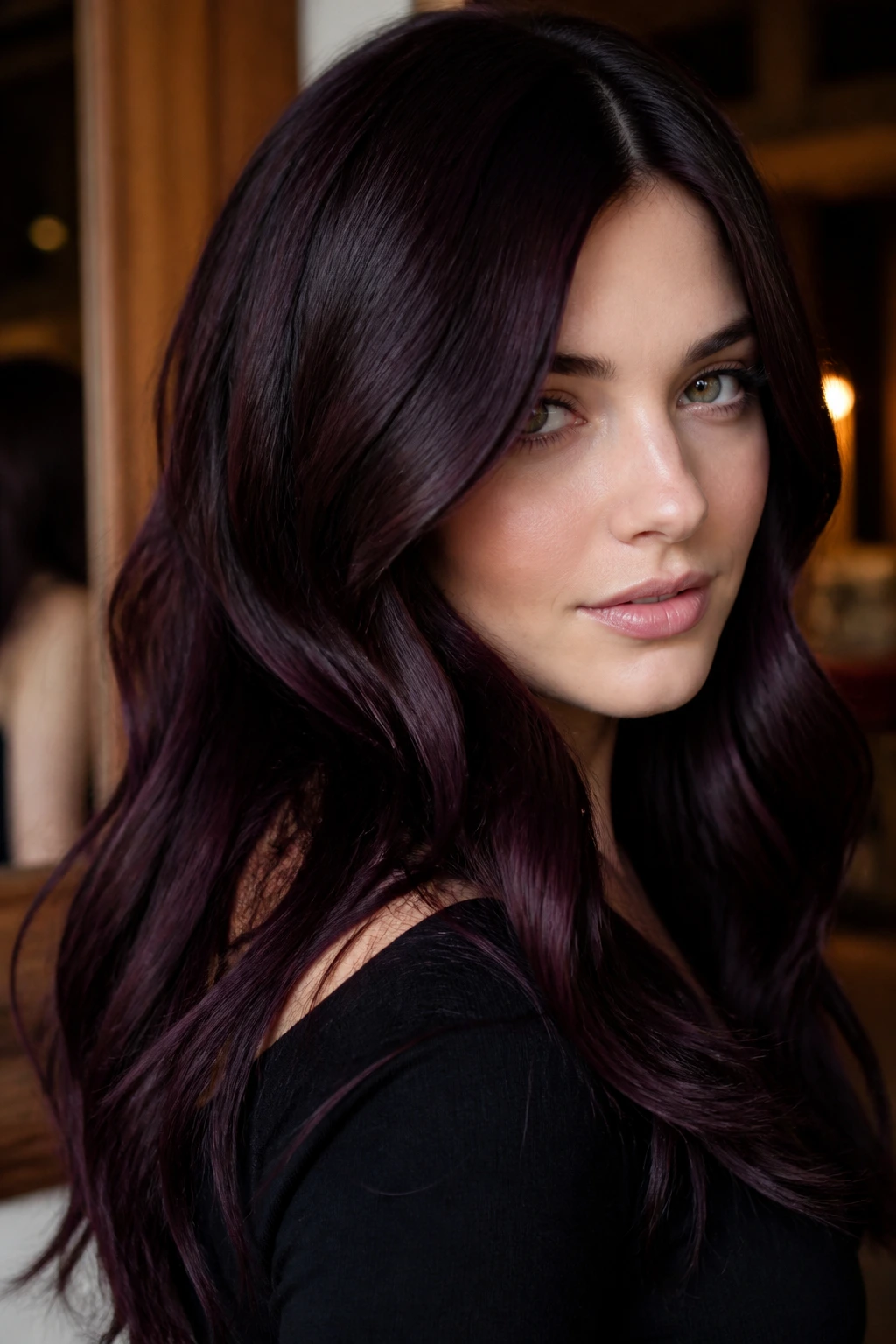 Close-up of a real woman with blackcurrant brunette hair and purple sheen