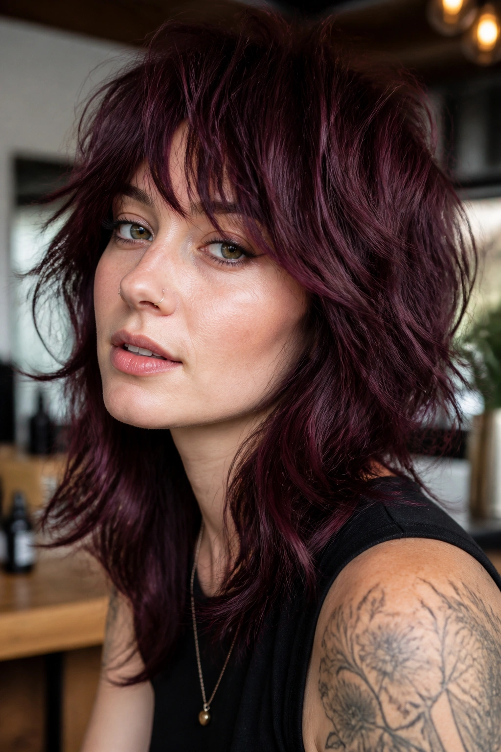 Portrait of a real woman with blackcurrant burgundy shag hairstyle.