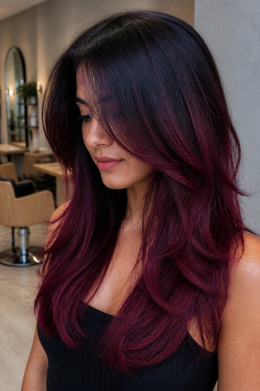 Close-up portrait of a real woman with blackcurrant ombré hair
