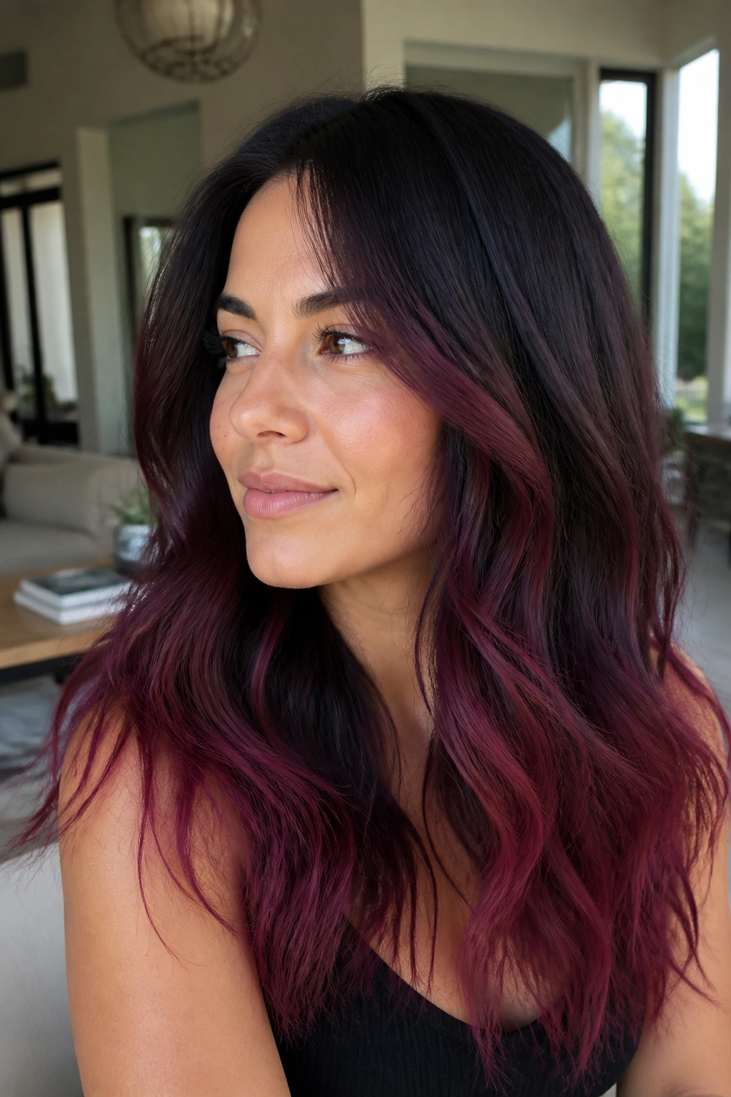 Long hair with dark roots fading to berry ends in a real woman