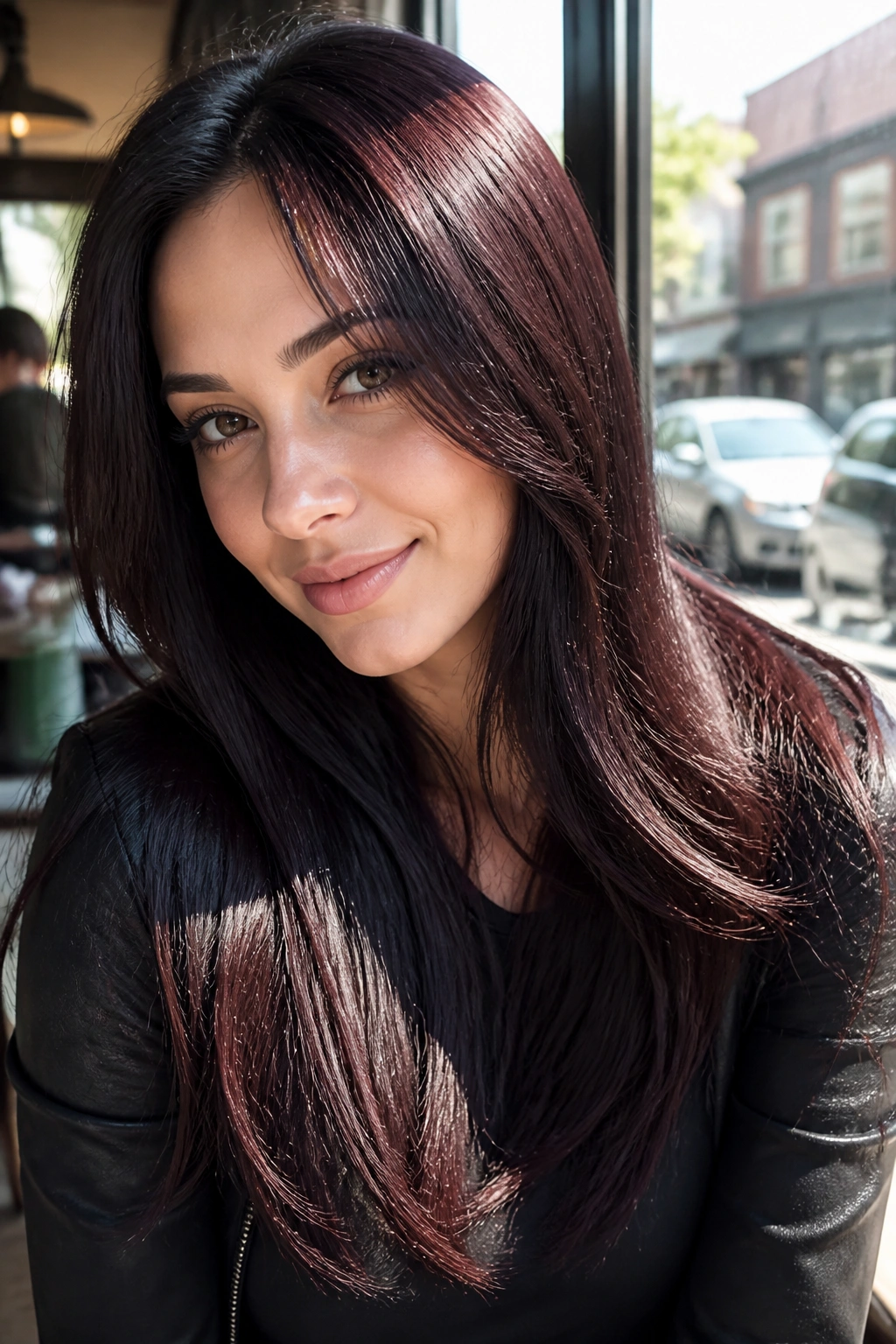 Close-up of a real woman with deep burgundy hair and blue undertones catching light.