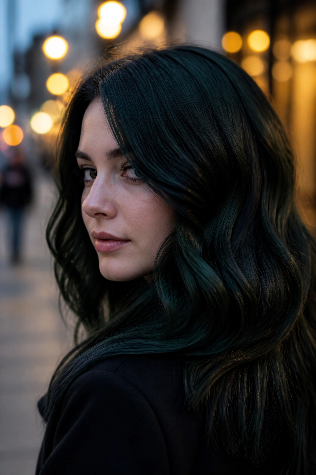Close-up of a real person with Blackened Pine Gloss hair showing a blue-leaning green sheen