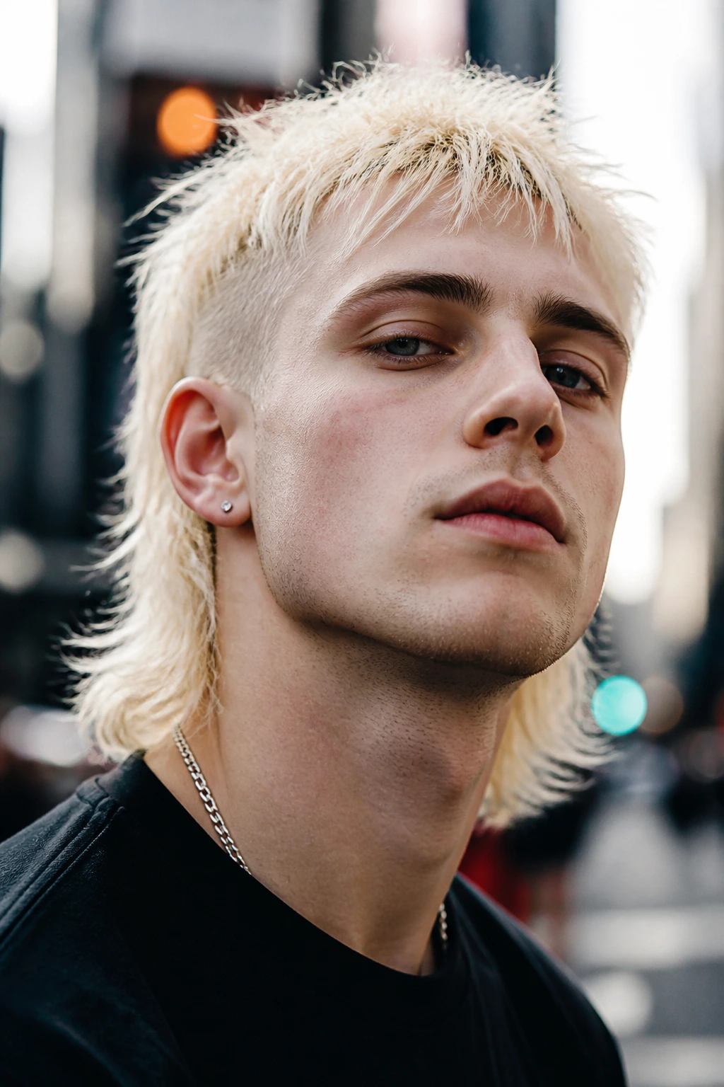 Close-up of a man with bleach blonde mullet on an urban street backdrop.
