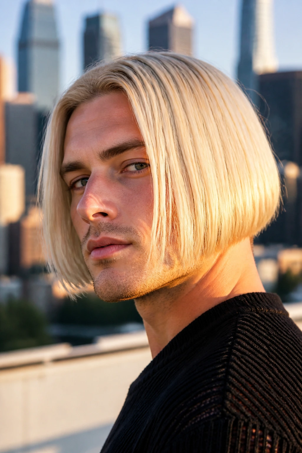 Close-up portrait of a man with Bleached Blonde Inverted Bob highlighting bright color.
