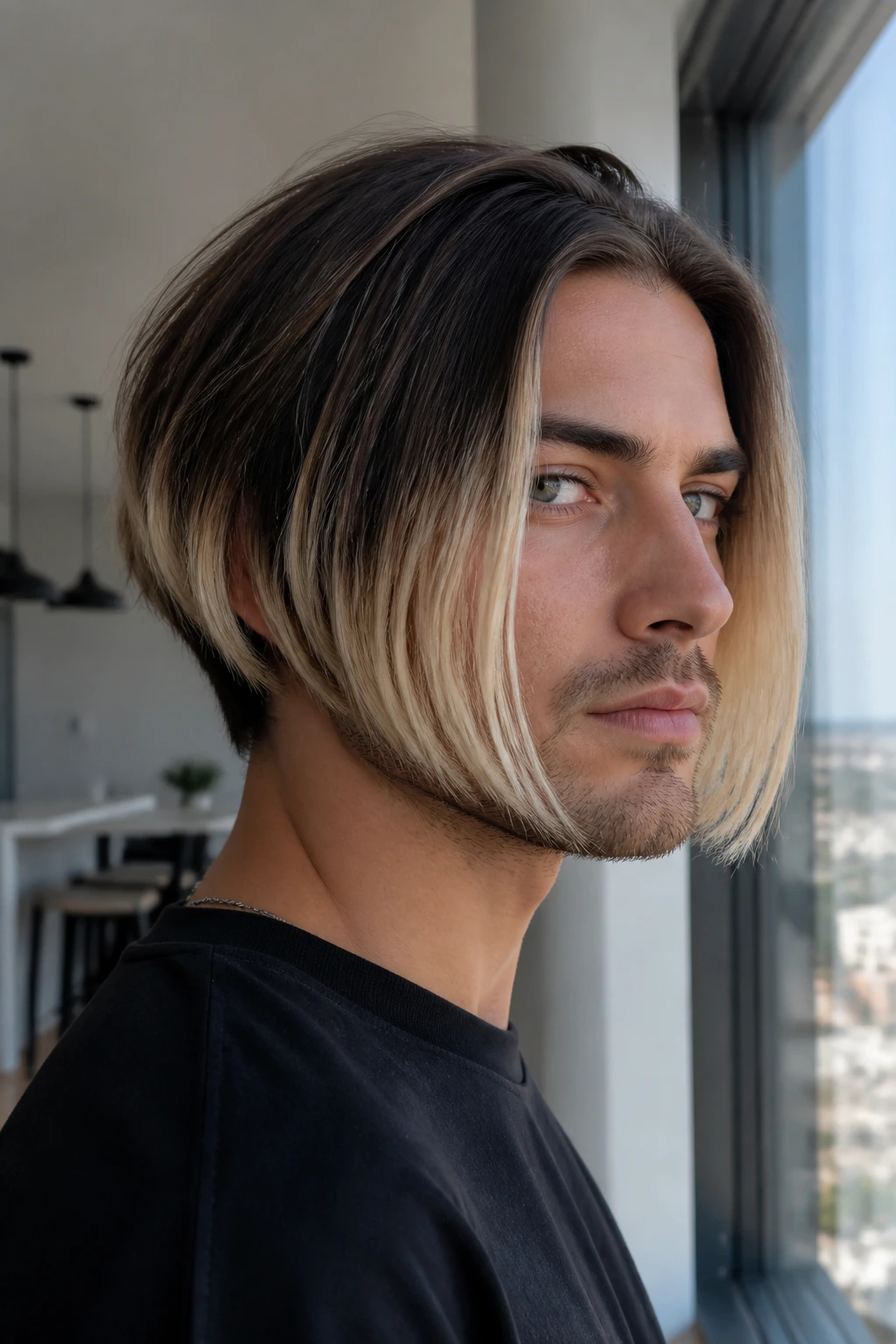 Man with bleached-ends inverted bob in a bright apartment.
