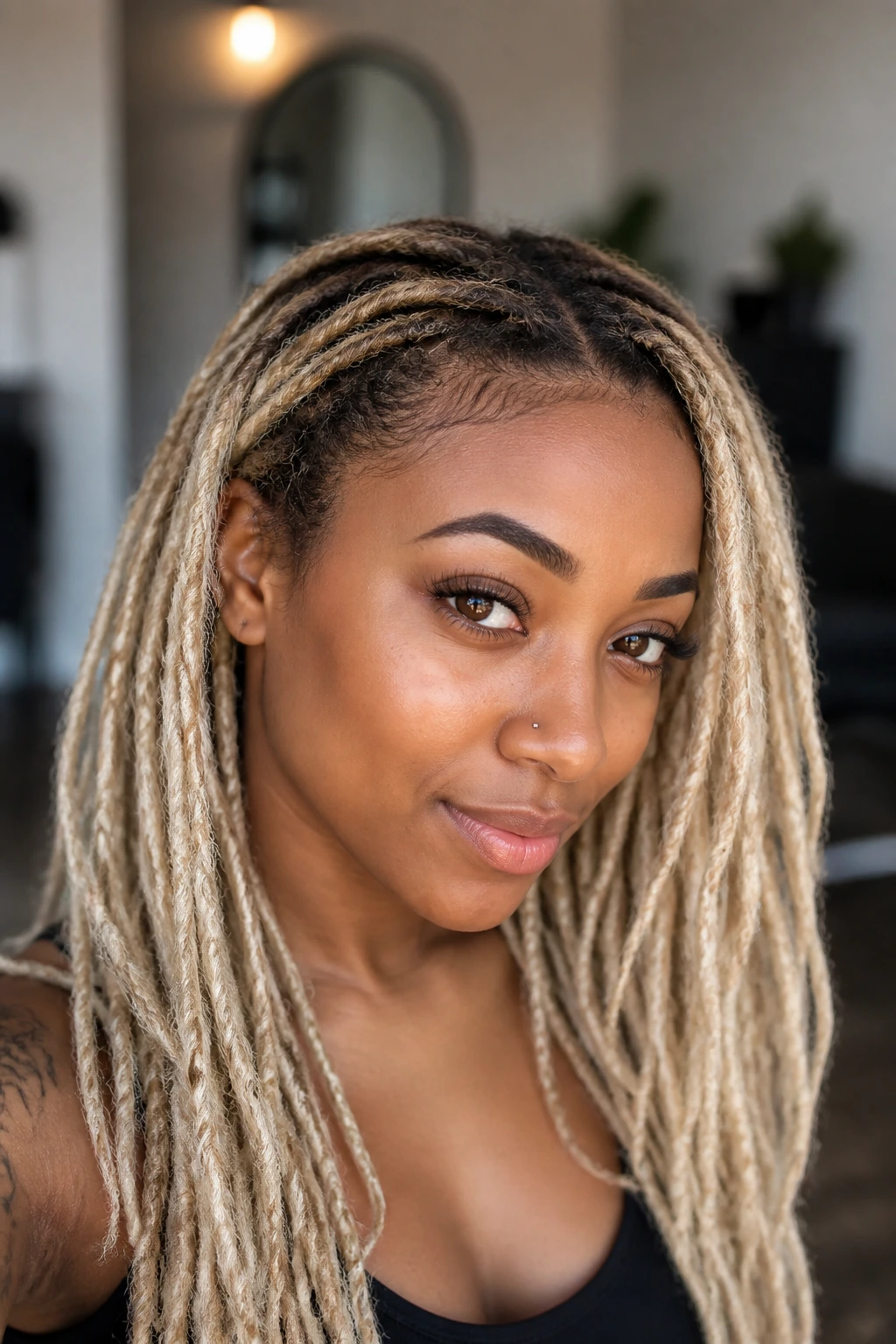 Close-up portrait of a real woman with bleached blonde locs and a soft shadow root in warm window light