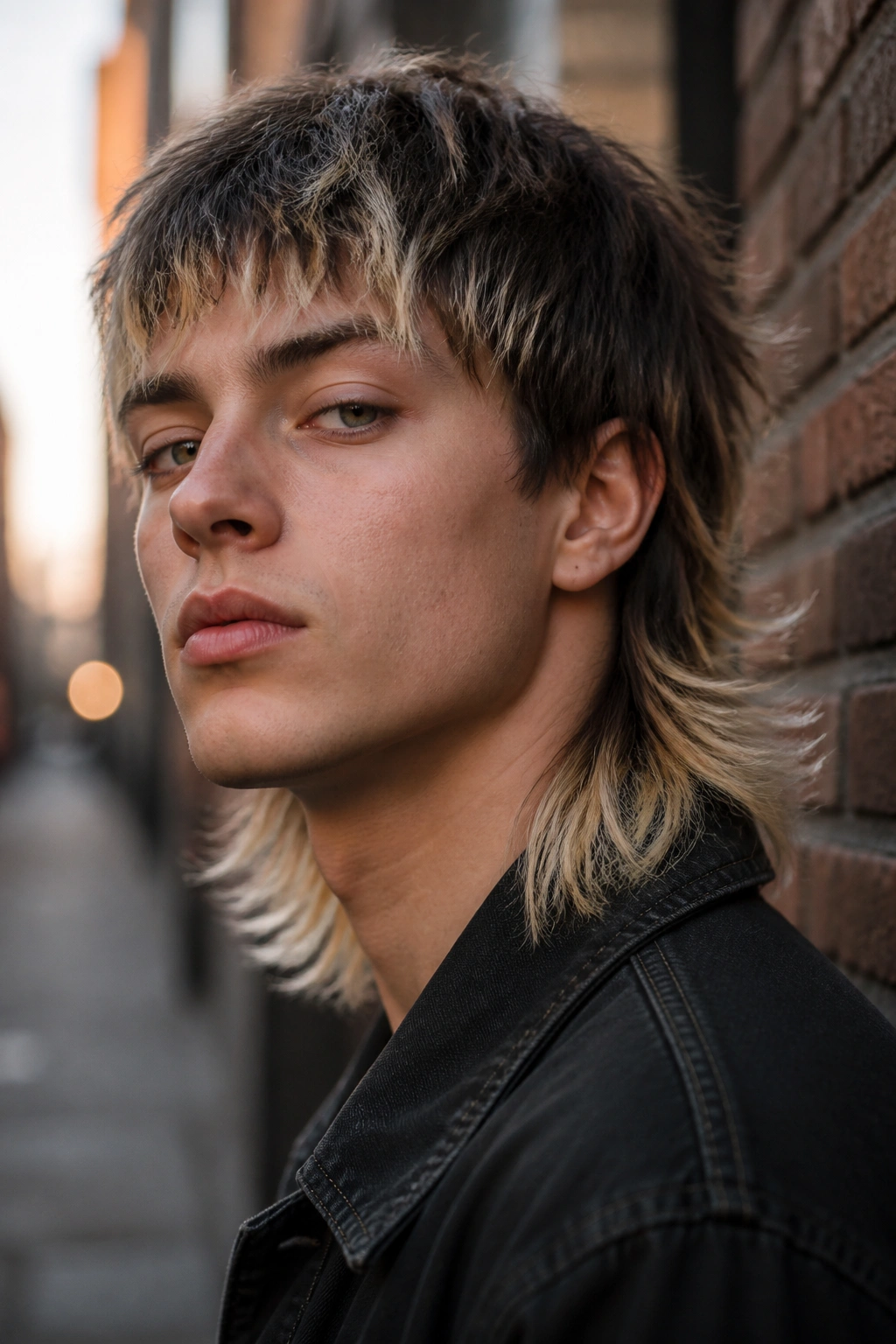 Close-up of real person with bleached-tip mullet against urban street backdrop