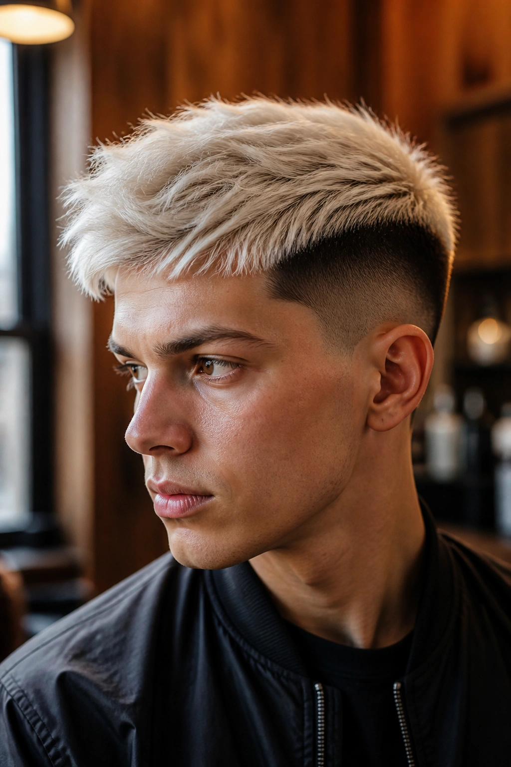 Close-up portrait of a real person with platinum bleached undercut and dark shaved sides in a barbershop setting