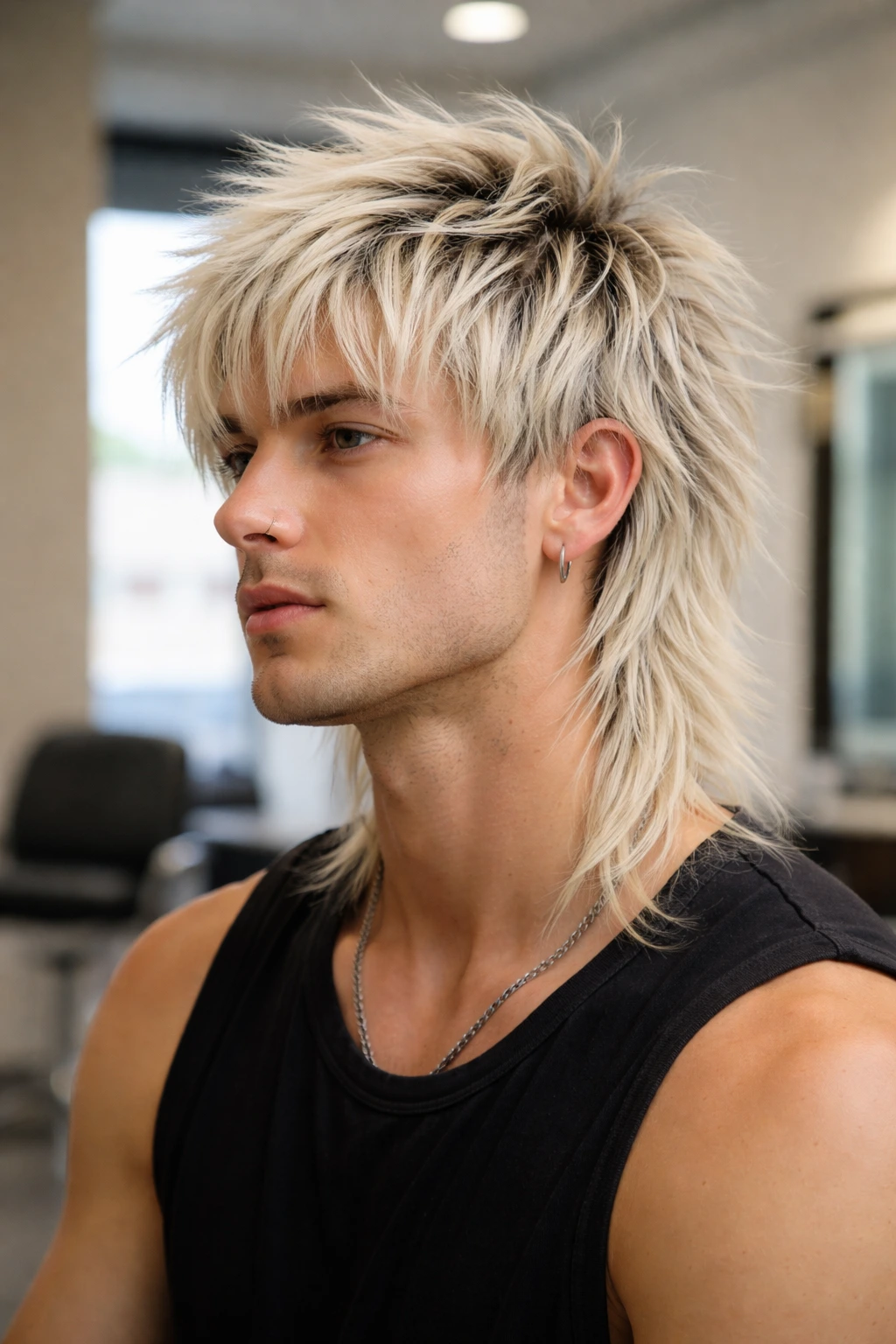 Close-up portrait of a person with a bleached wolf cut showing platinum hair and textured layers