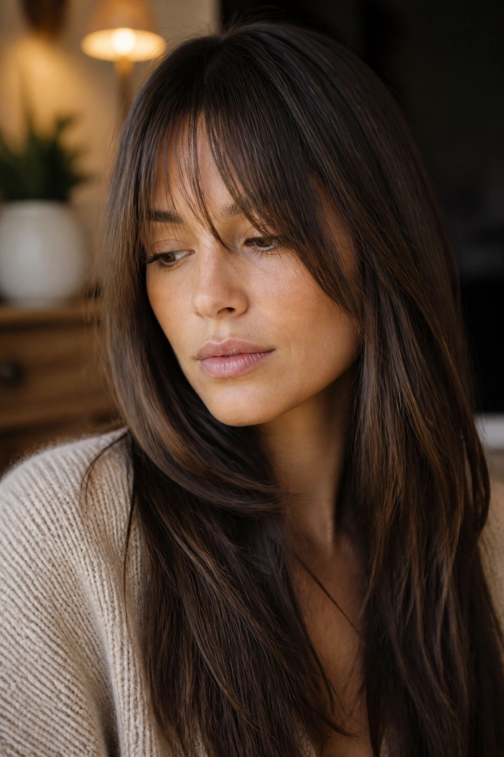 Close-up of blended bangs merging into front layers on a real woman.