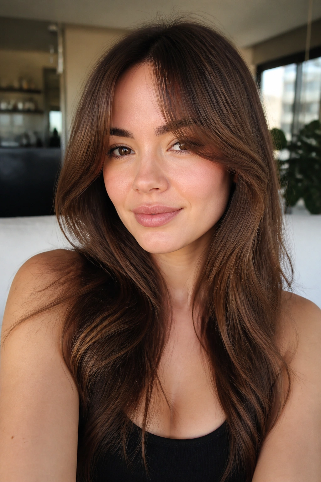 Close-up of blended curtain bangs blending into long layers on a real woman