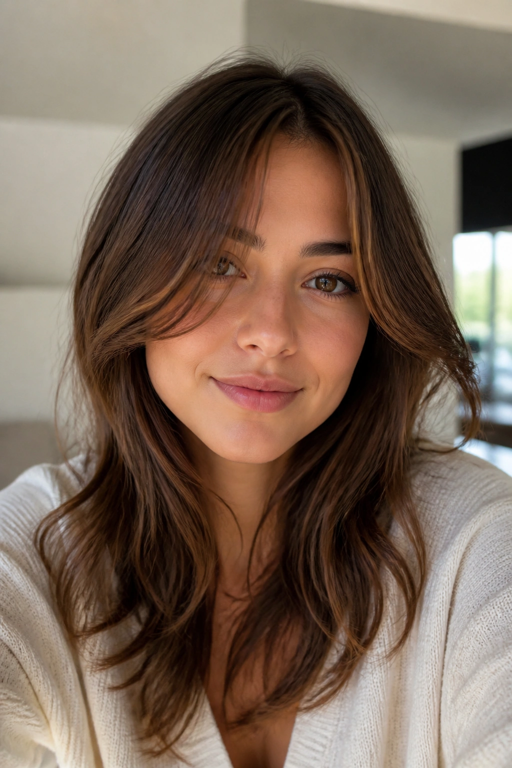 Close-up portrait of a real woman with blended face-framing layers