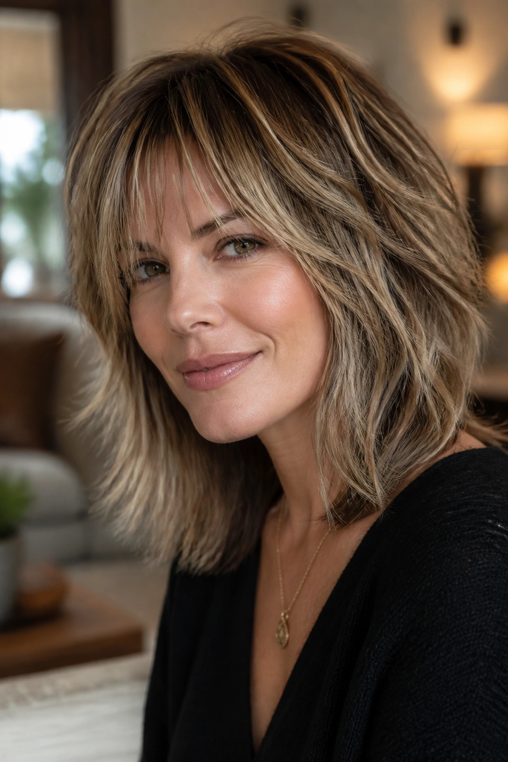 Real woman with shag haircut and blended highlights for density.