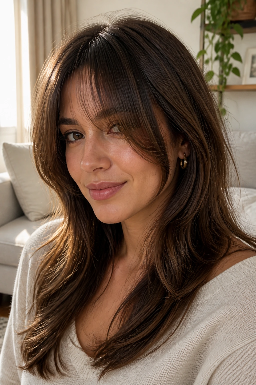 Close-up of a real woman with a blended long fringe framing her face