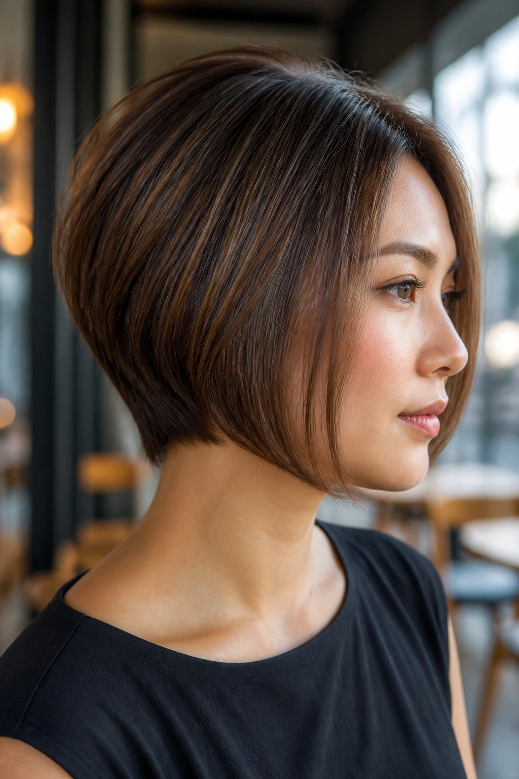 Portrait of a woman with a blended stack haircut, sides curving inward