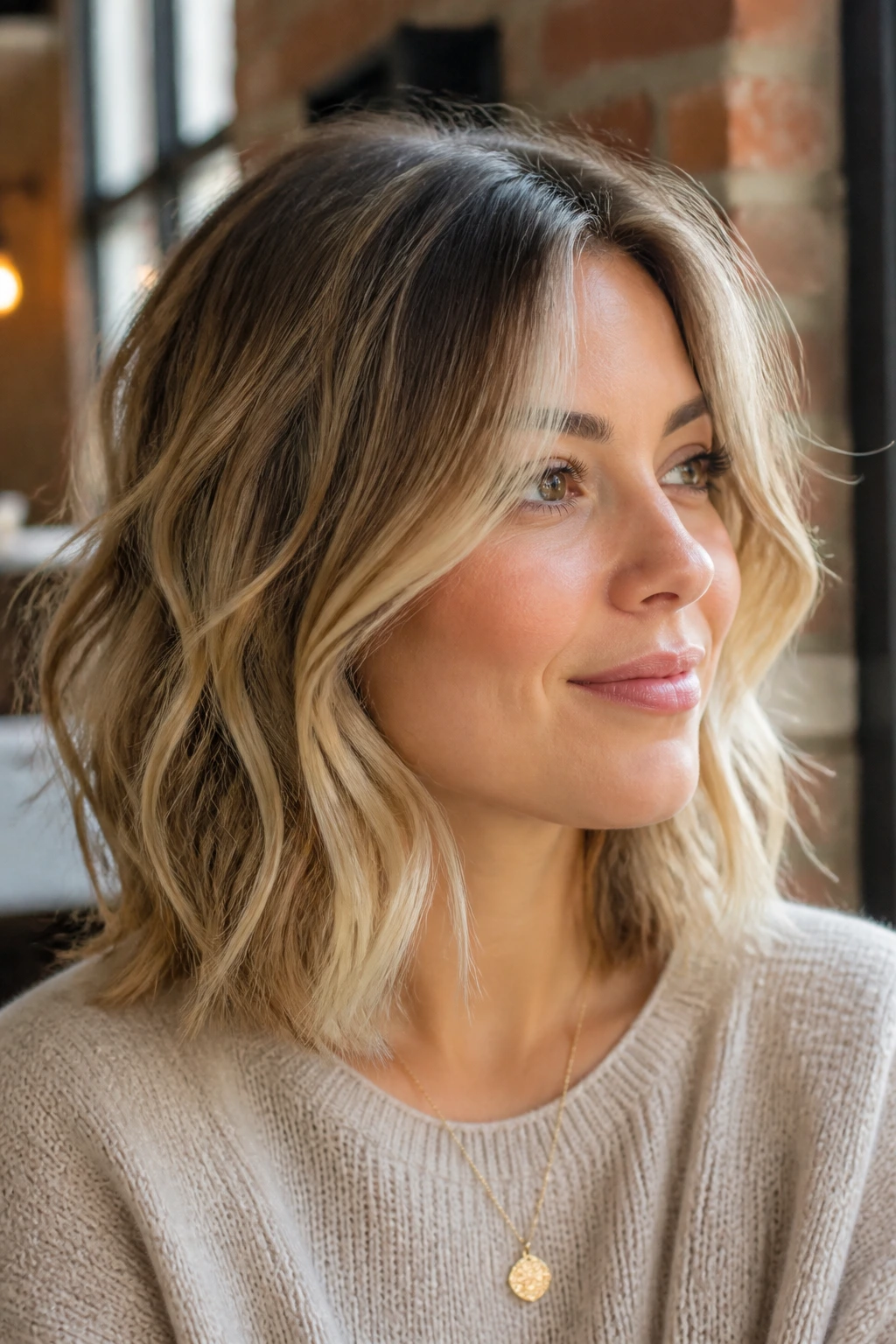 Real woman with blended wavy bob and invisible layers at collarbone length.