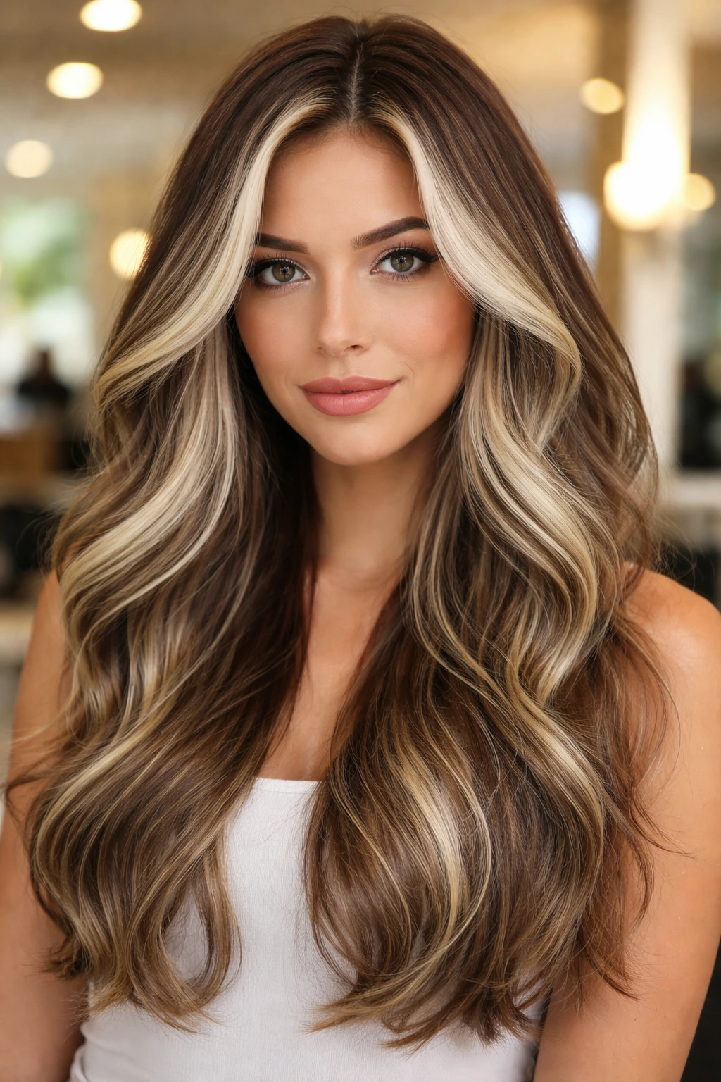 Close-up of blended white blonde highlights with neutral lowlights on brunette hair