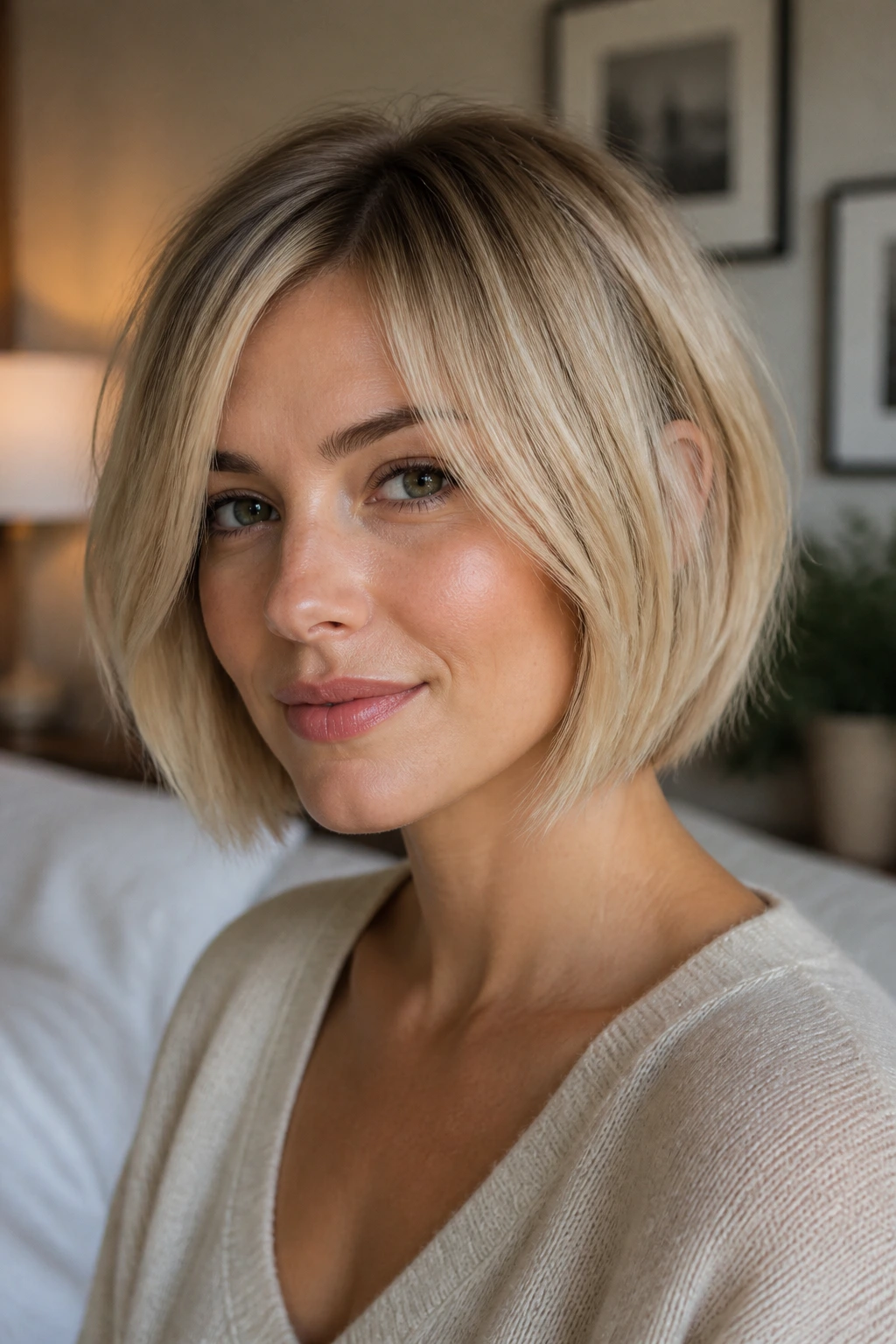 Close-up portrait of a real woman with a blonde bob for fine hair, chin-length cut with soft layers in warm window light