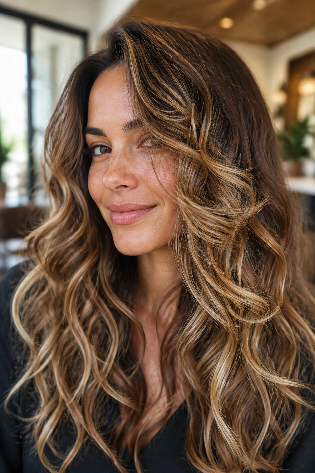 Close-up of brown hair with blond highlights following curls and waves