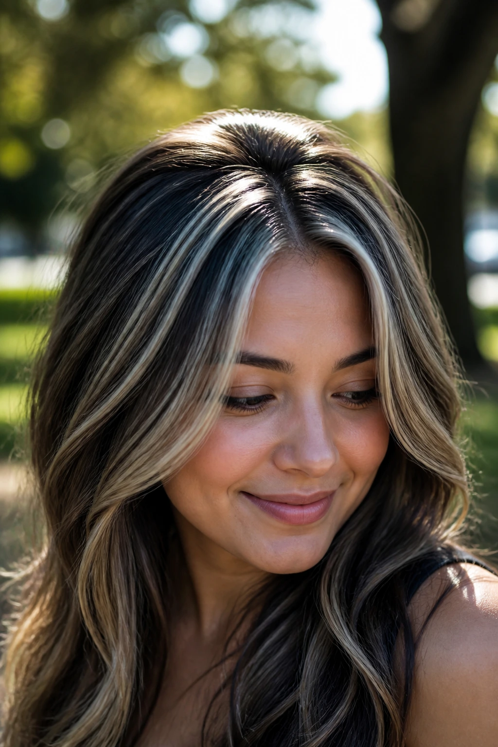 Close-up of crown-lifted blonde and black babylights on a real woman