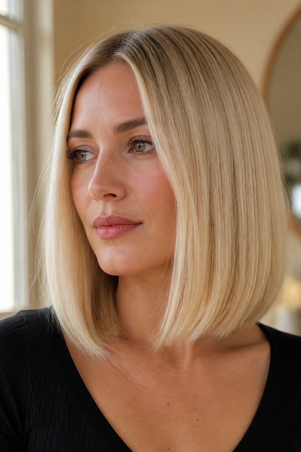 Close-up portrait of a real woman with a collarbone-length blunt blonde bob in creamy champagne blonde.