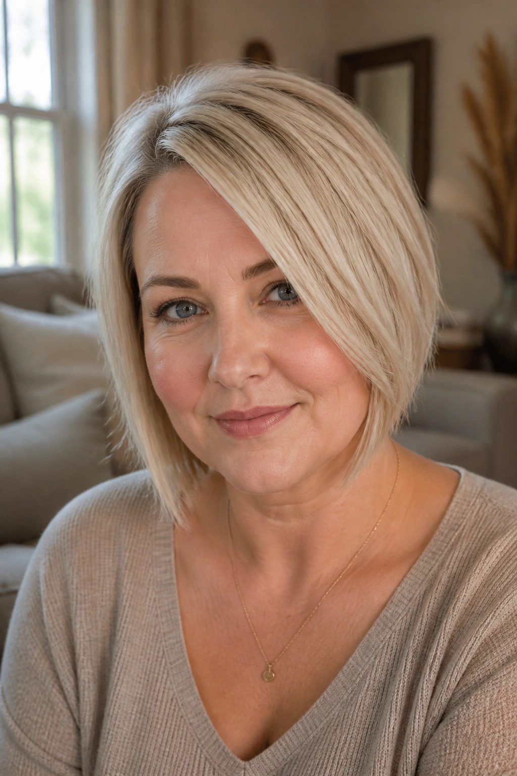 Close-up portrait of a real woman with an off-center bob and tapered ends in pearl blonde.