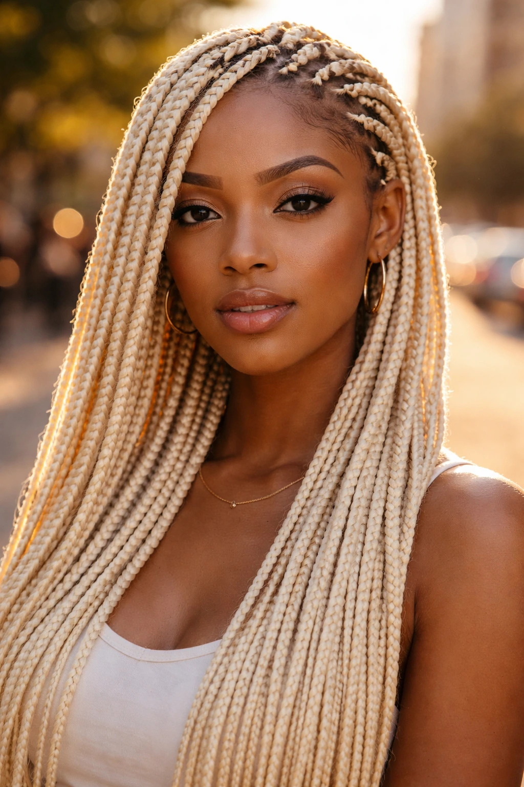 Portrait of a woman with platinum blonde box braids in golden hour light