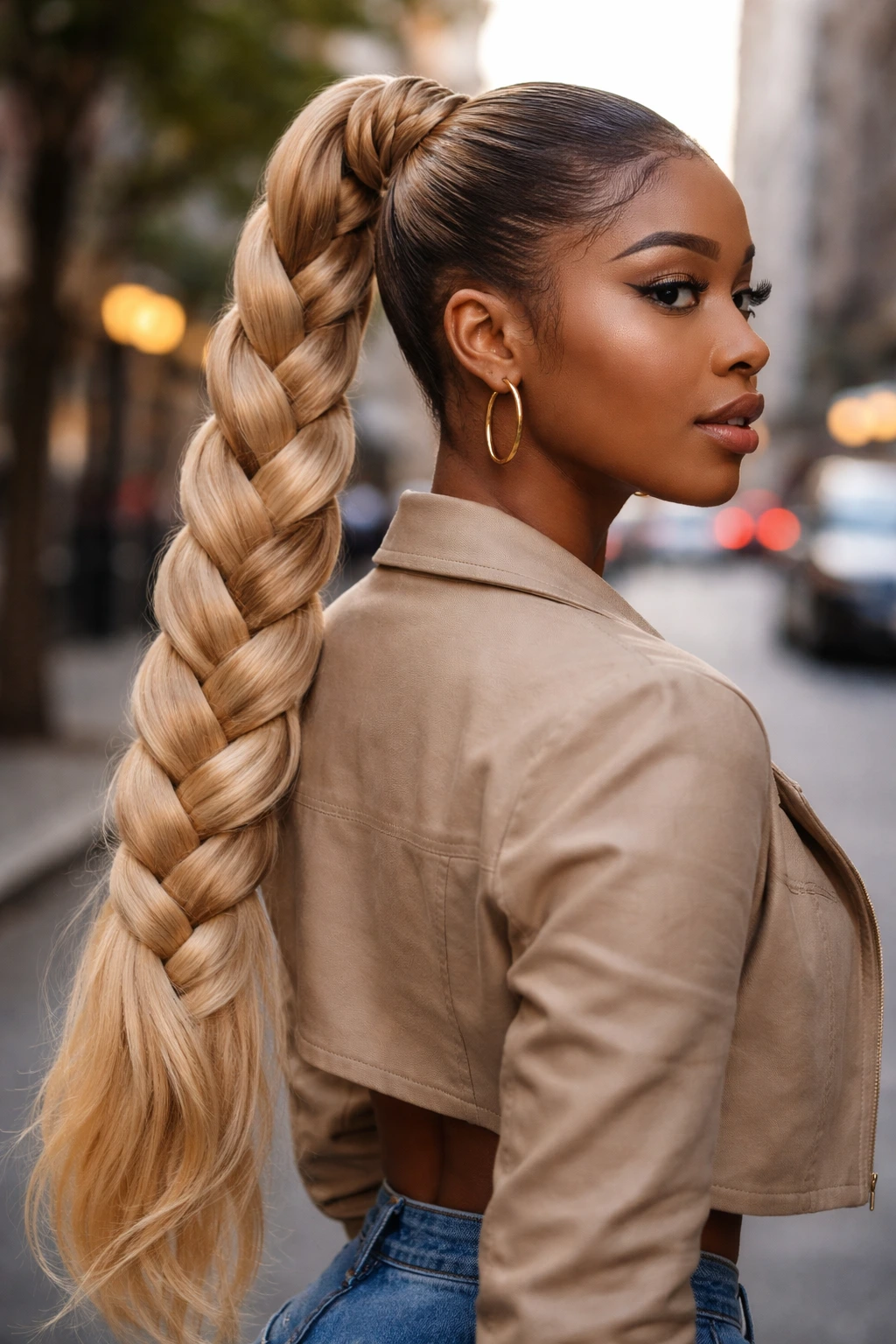 Portrait of a real woman with a jumbo blonde braided ponytail