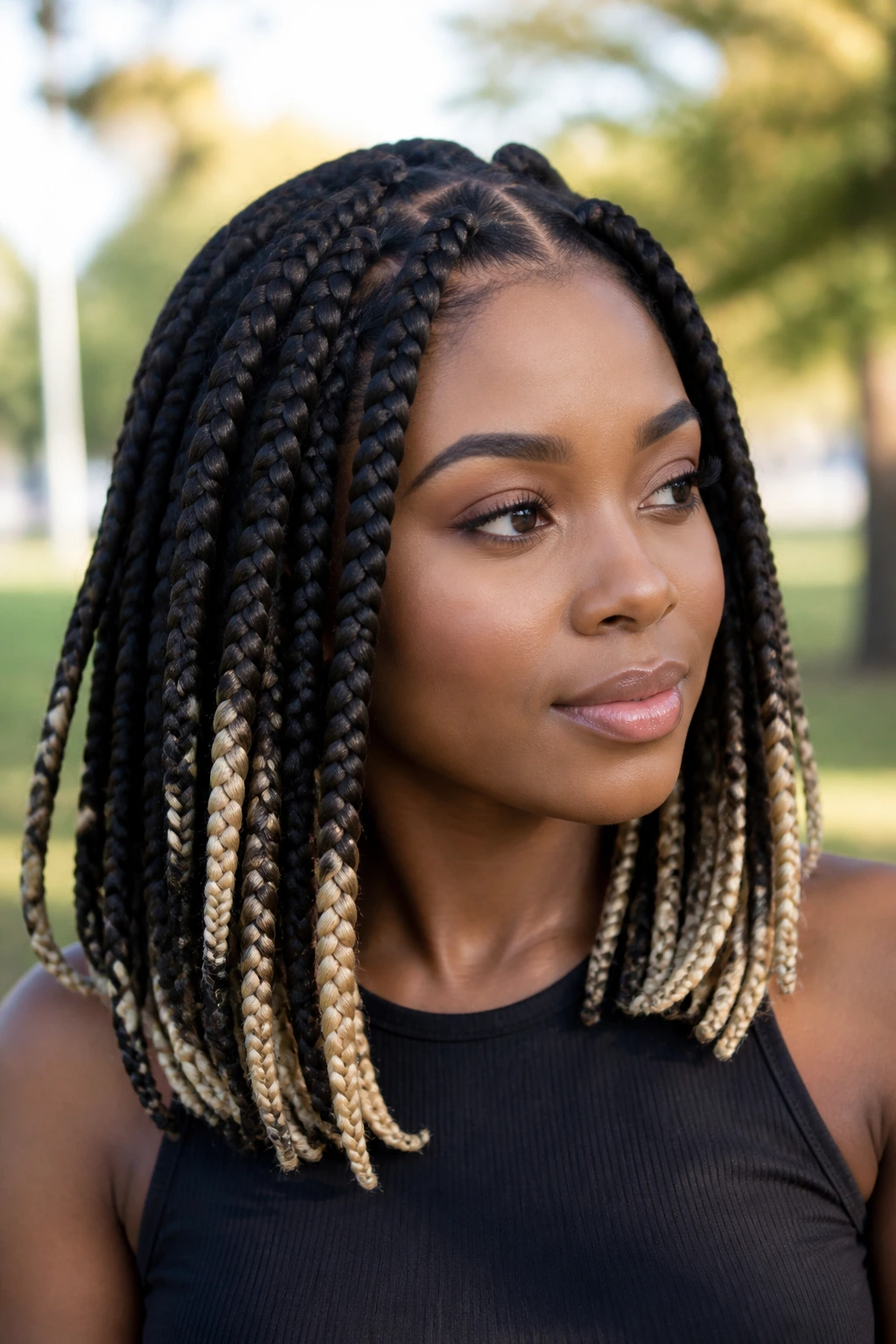 Real woman with blonde-tipped big box braids in park sunlight