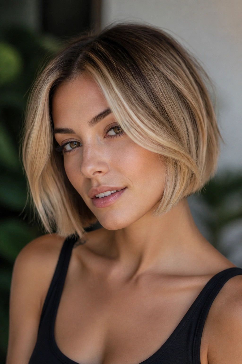 Real woman with short blunt hairstyle and contour highlights around cheeks.