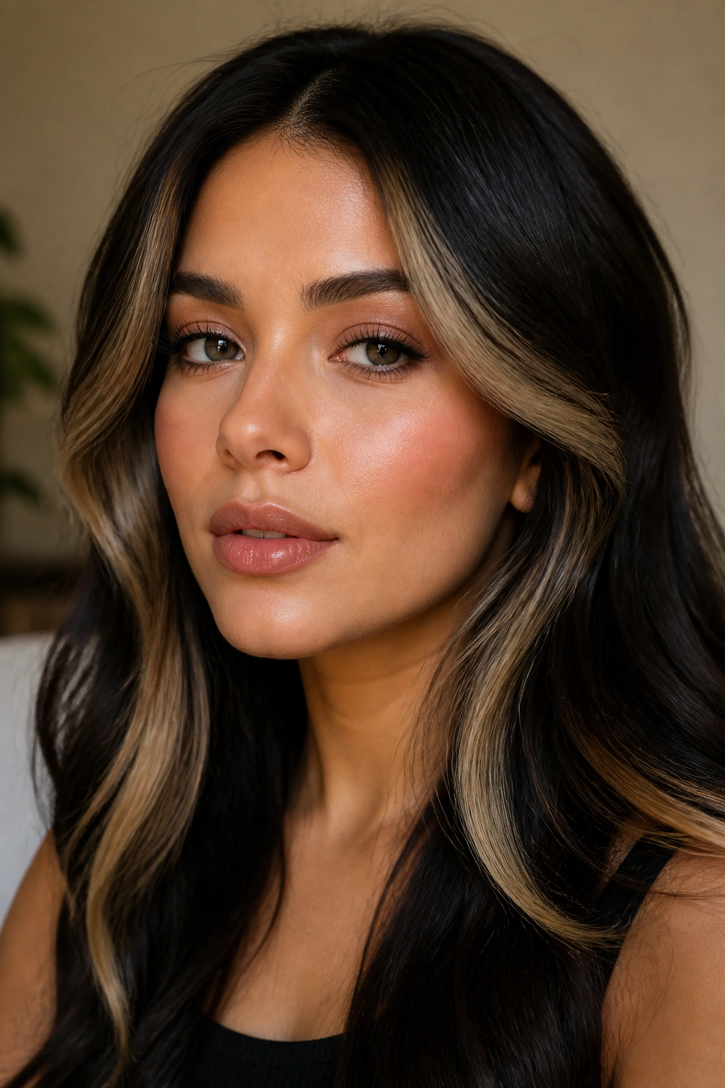 Portrait showing blonde contouring at temples and chin on dark hair