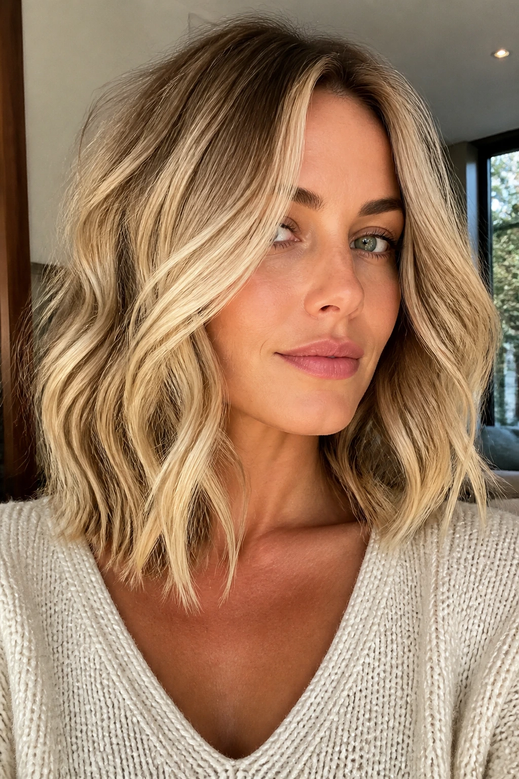 Real person with blonde dimension waves on a lob