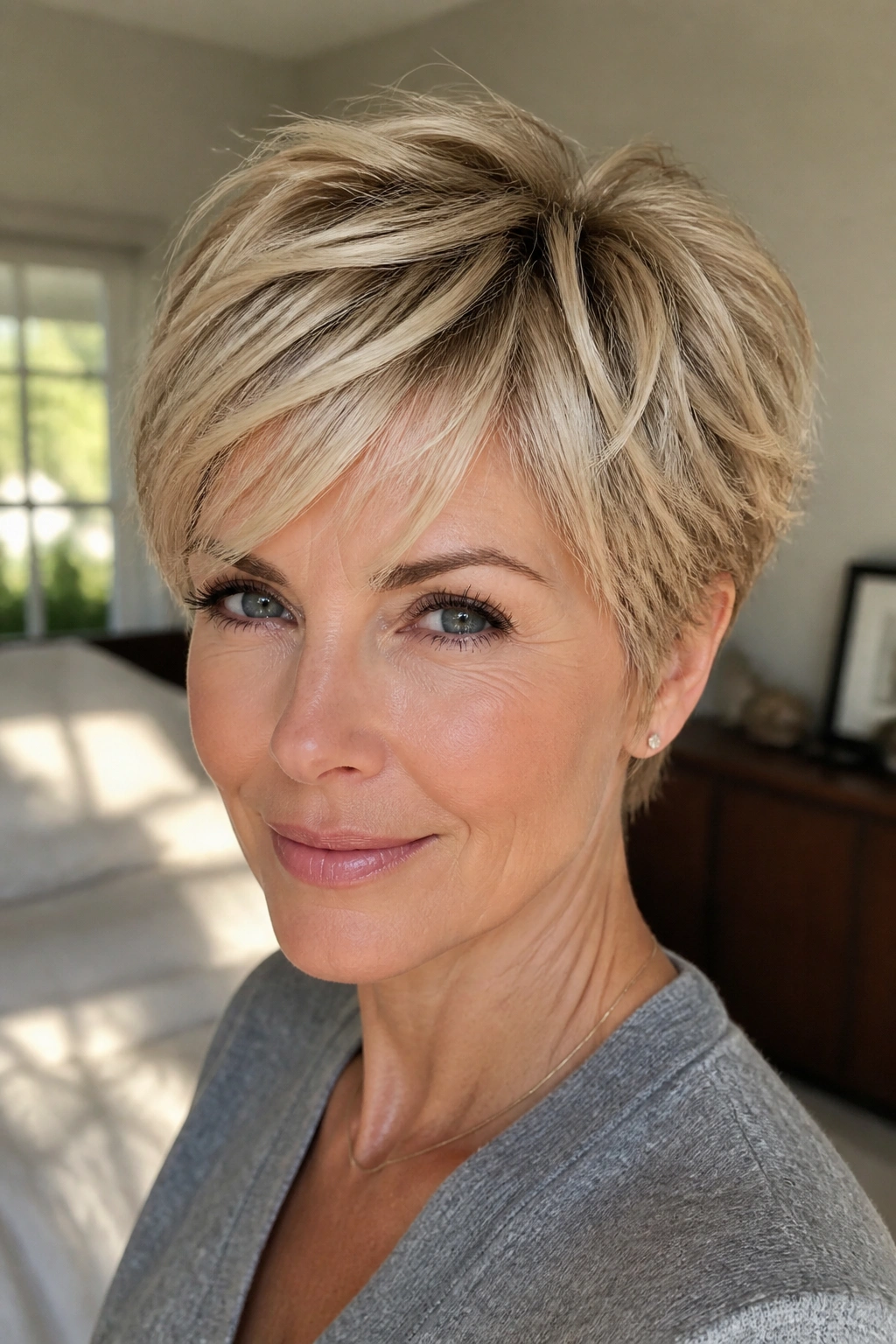 Close-up of a real woman with blonde feathered pixie hairstyle with highlights