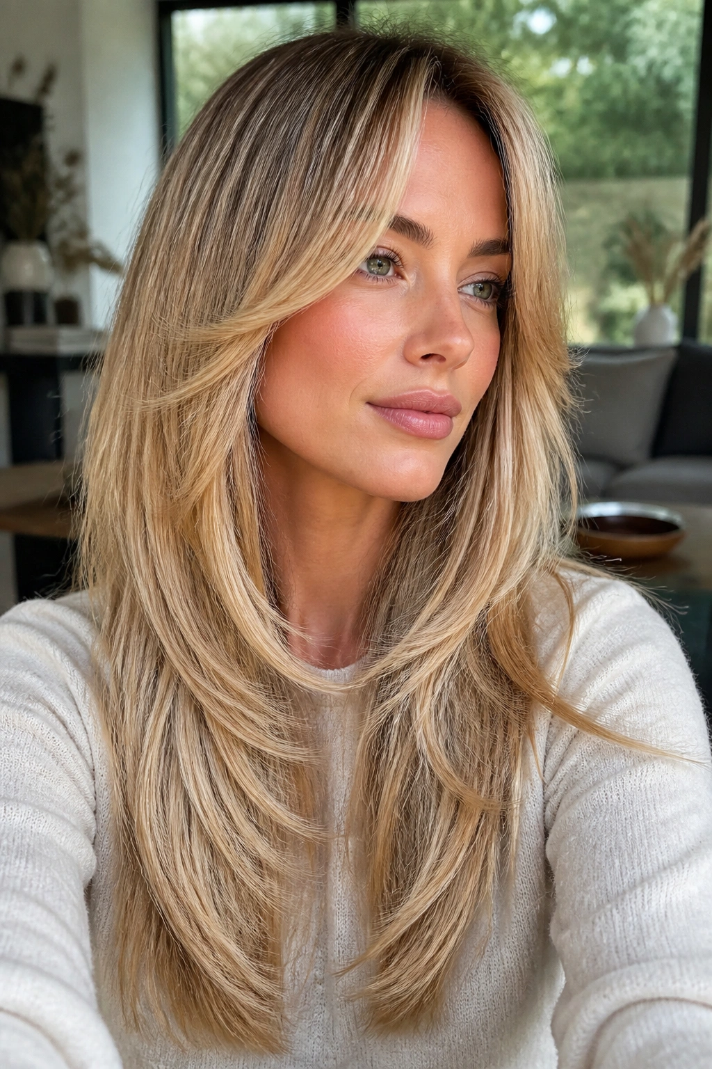 Close-up of a real woman with long layered blonde hair and face-framing pieces