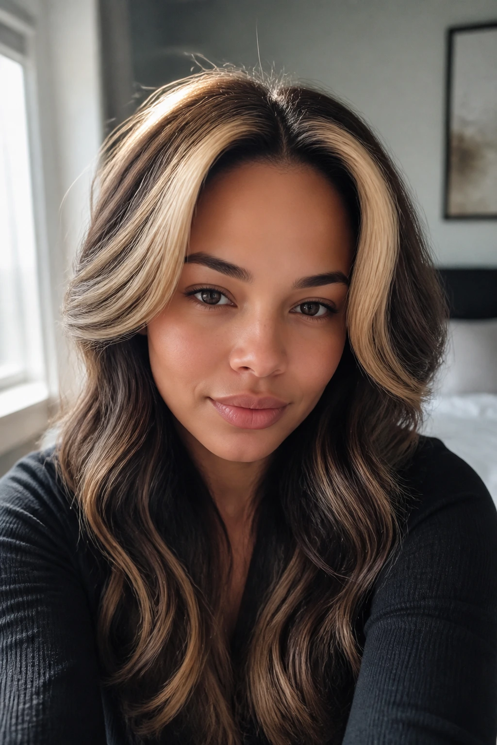 Portrait of a real woman with blonde halo highlights around the crown