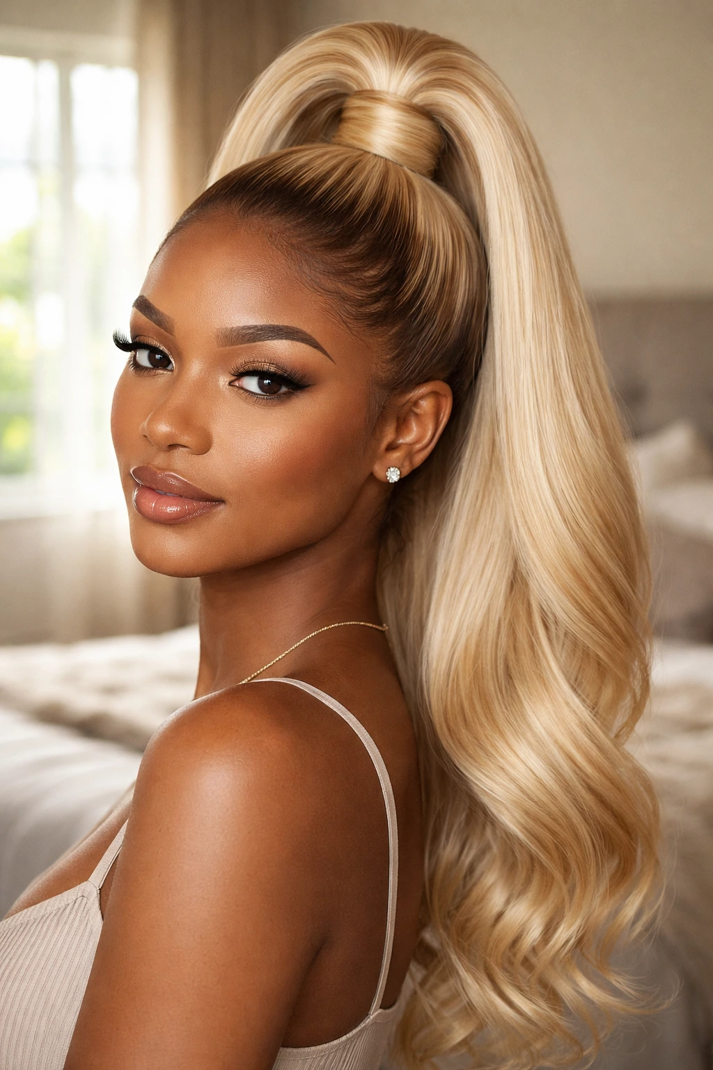 Close-up of a real woman wearing a sleek blonde high ponytail weave with crown lift