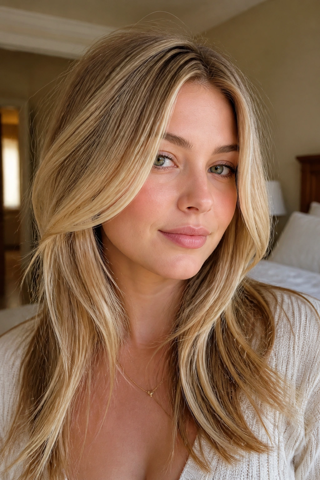 Close-up of a real woman with long blonde layers starting below the cheekbone in soft bedroom light.