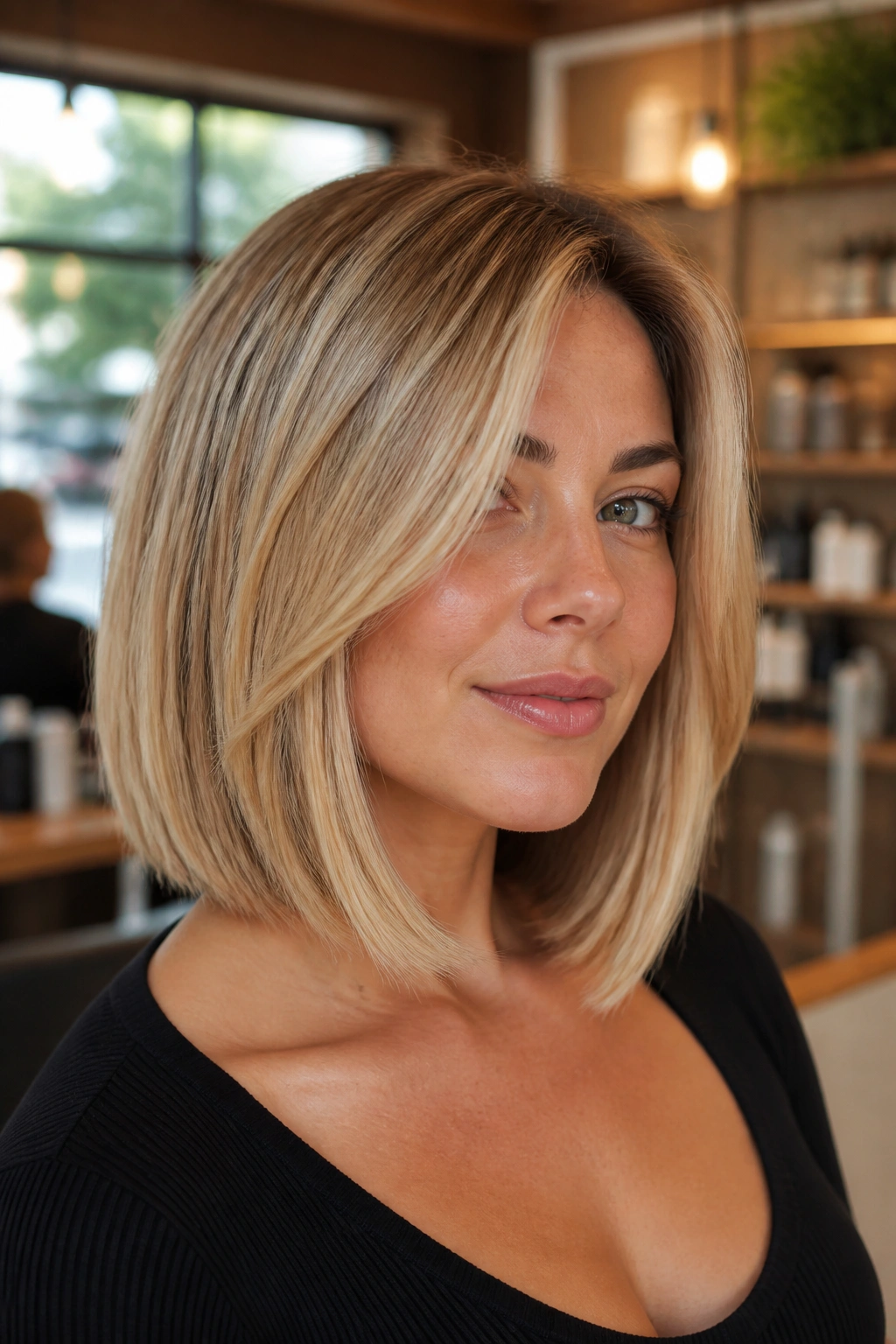 Real woman with shoulder-length blonde lob showing internal layers in warm salon light