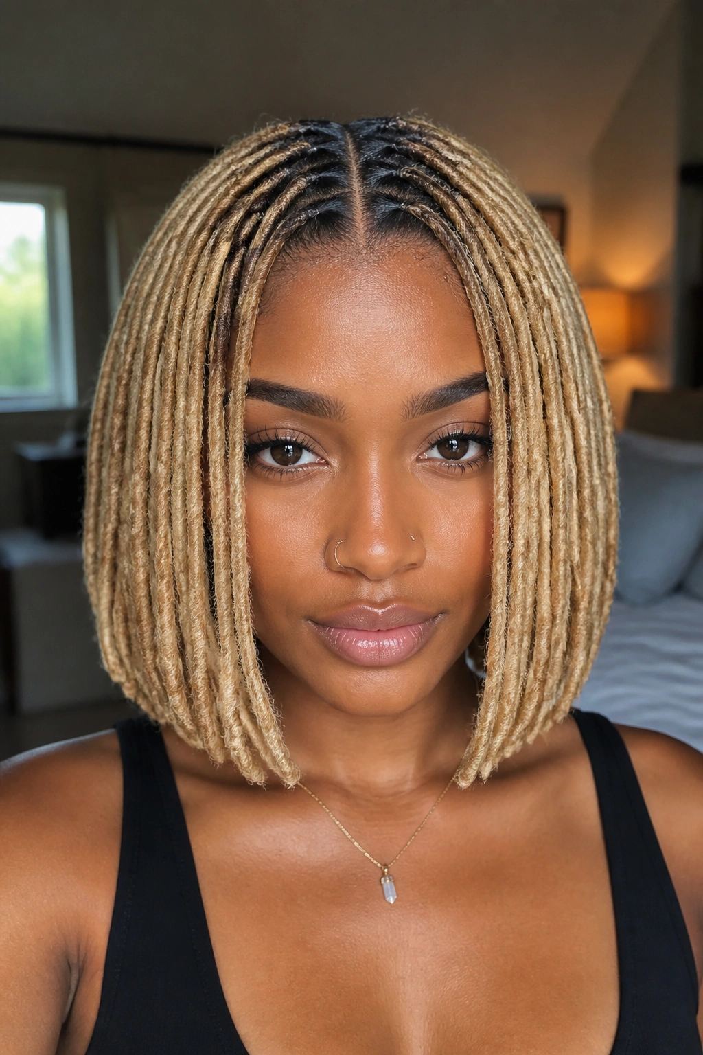 Close-up portrait of a woman with a Blonde Loc Bob with a Clean Middle Part.