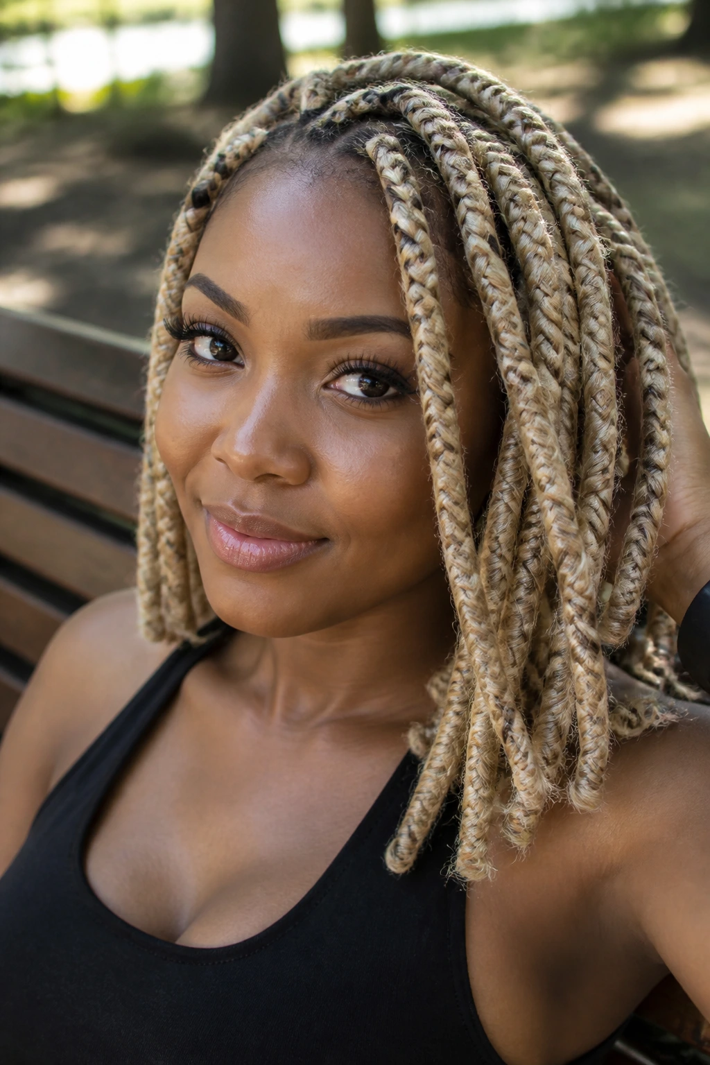 Close-up of a woman with blonde locs in barrel twists on a sunny park bench