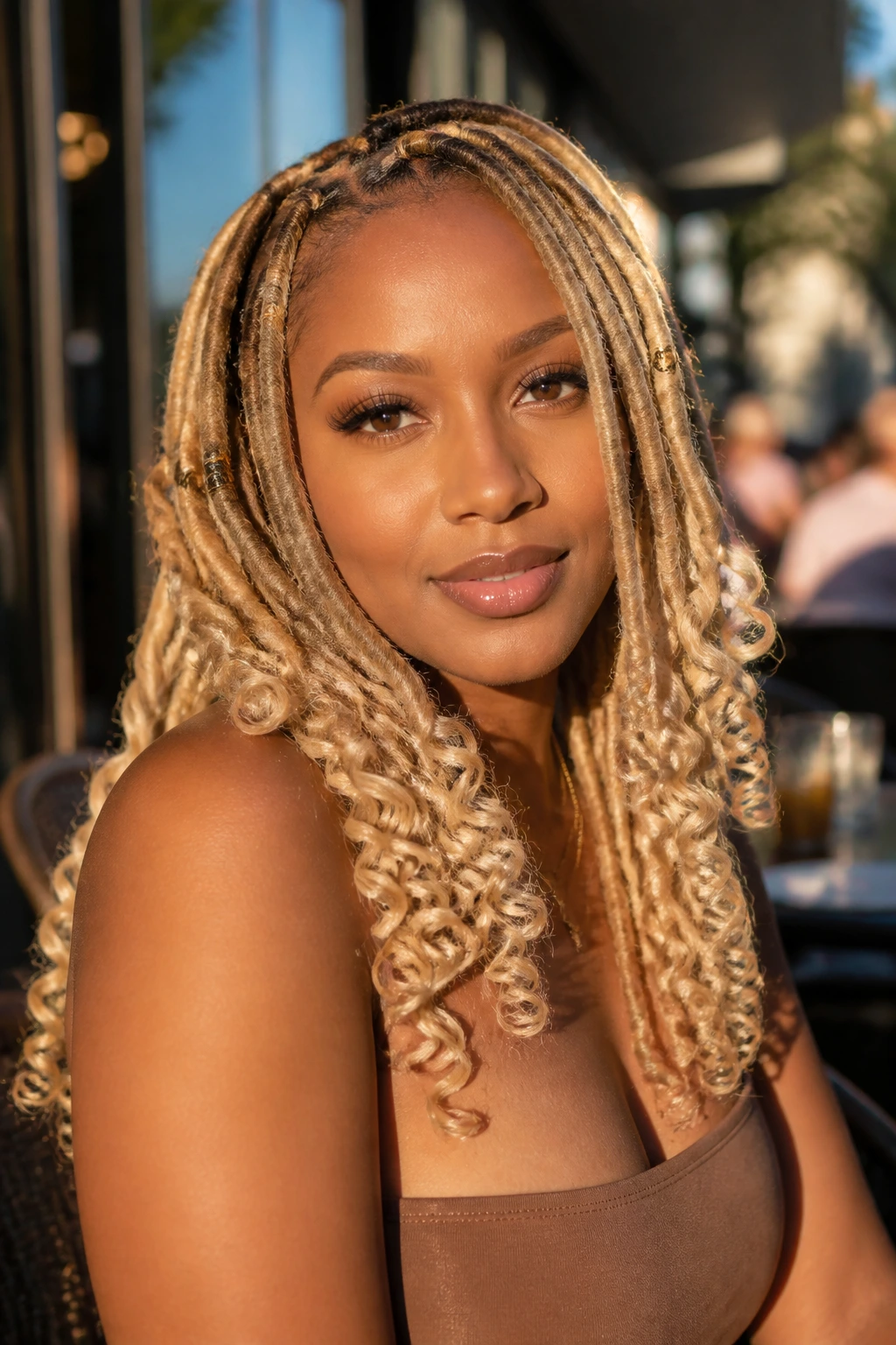 Close-up portrait of a real woman with blonde locs ending in curls in warm natural light