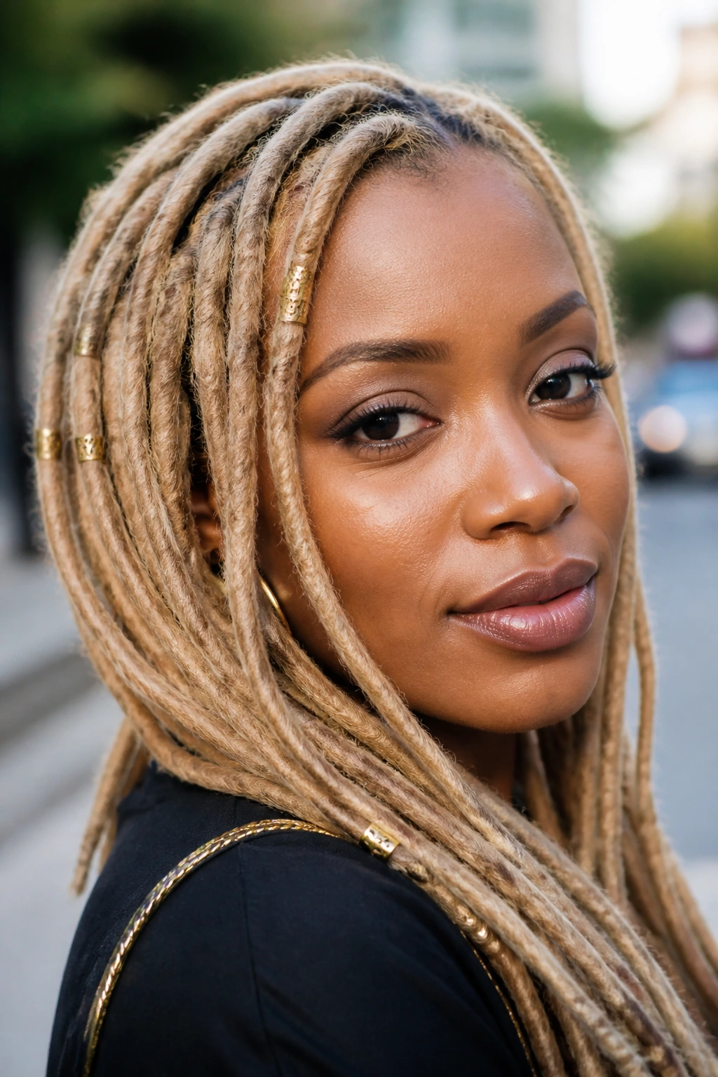 Close-up portrait of a real woman with blonde locs and gold cuffs visible near the front