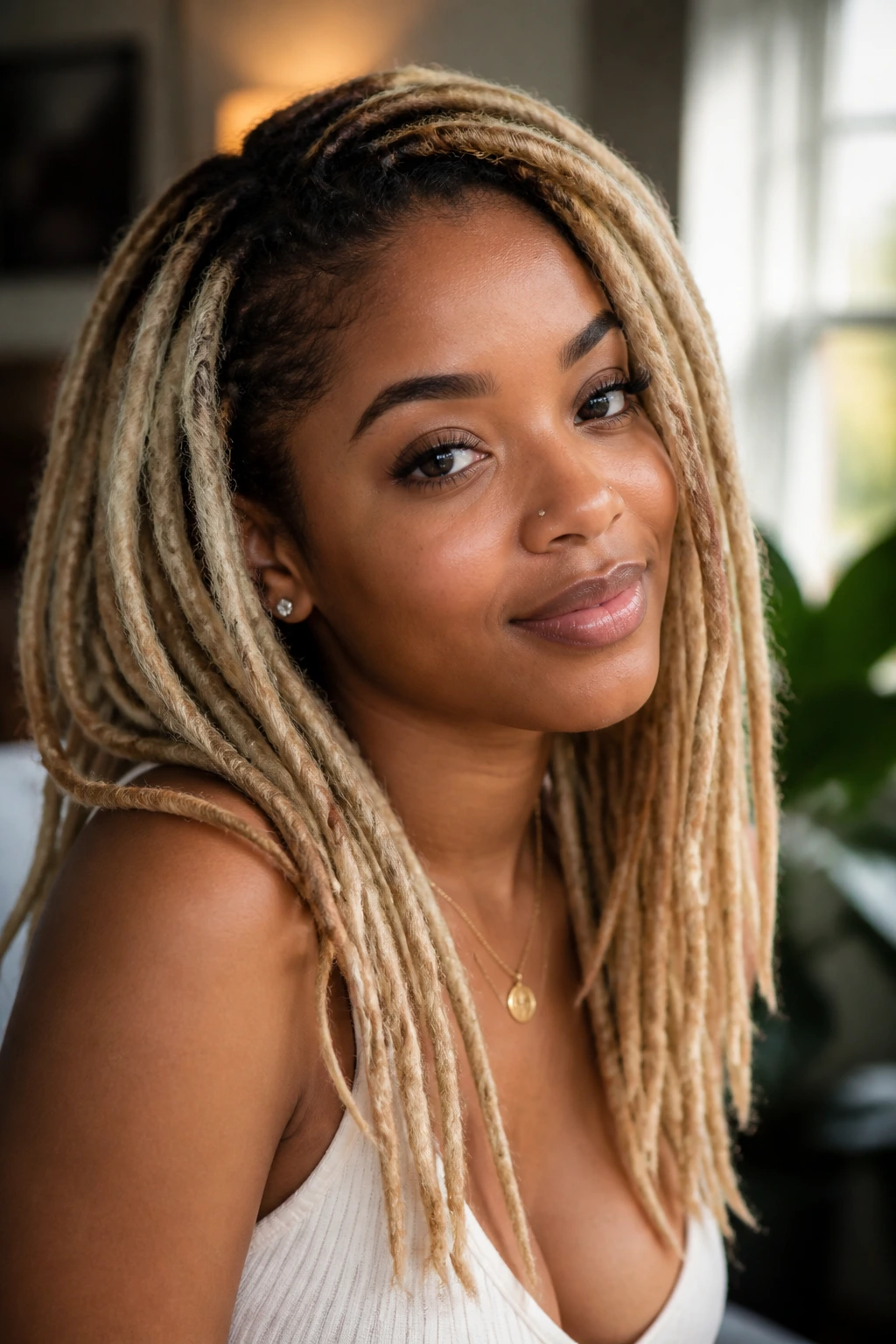 Close-up portrait of a real woman with dimensional blonde locs and darker roots in warm indoor light