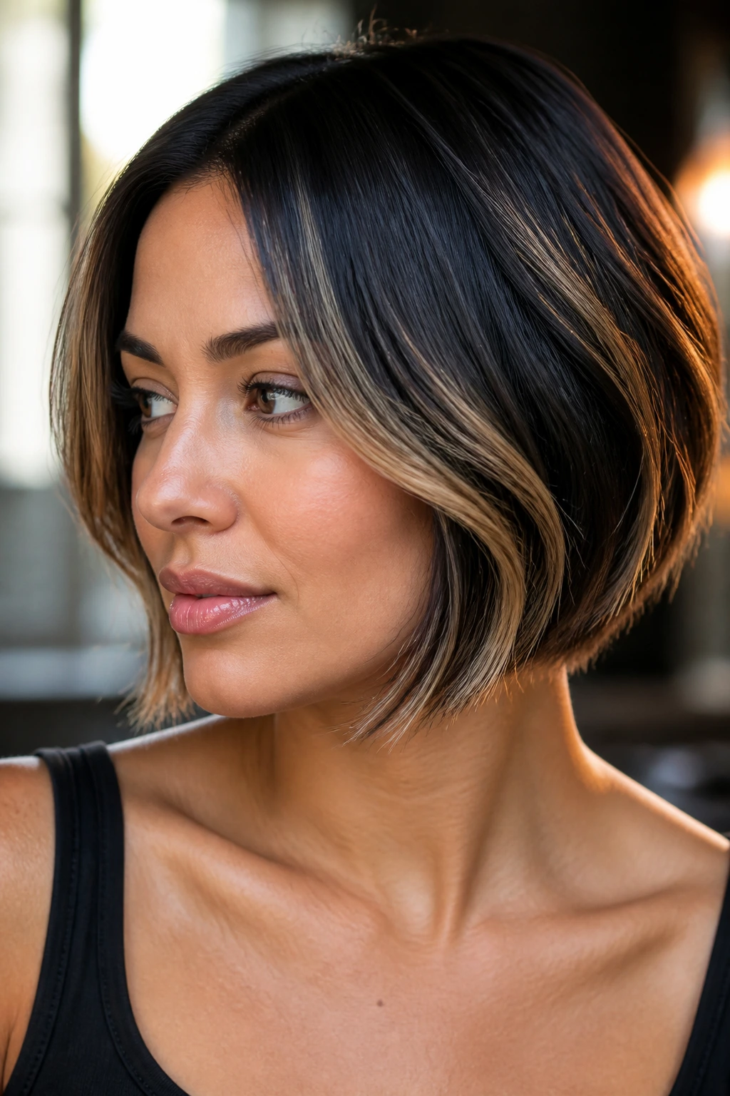 Close-up of a real woman with a black bob featuring warm blonde lowlights