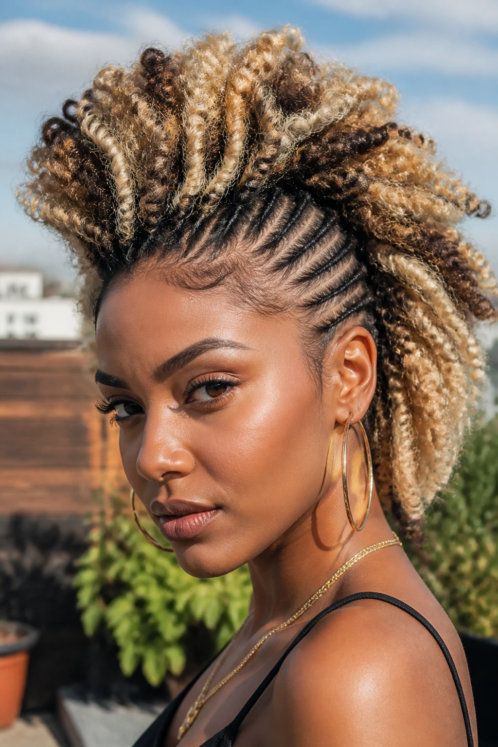 Close-up of woman with blonde highlighted Marley hair mohawk outdoors