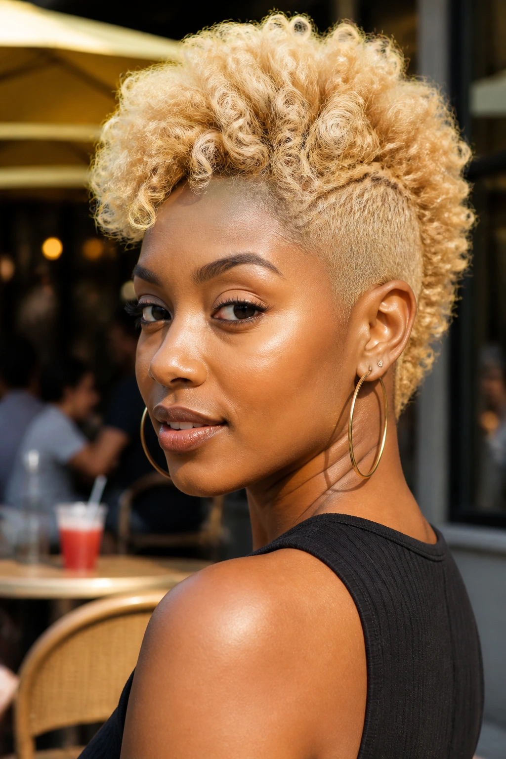 Portrait of a real person with a blonde tapered mohawk in a cafe setting.