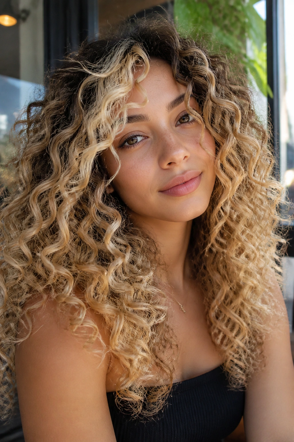 Close-up of real woman with blonde money-piece ombre on curls